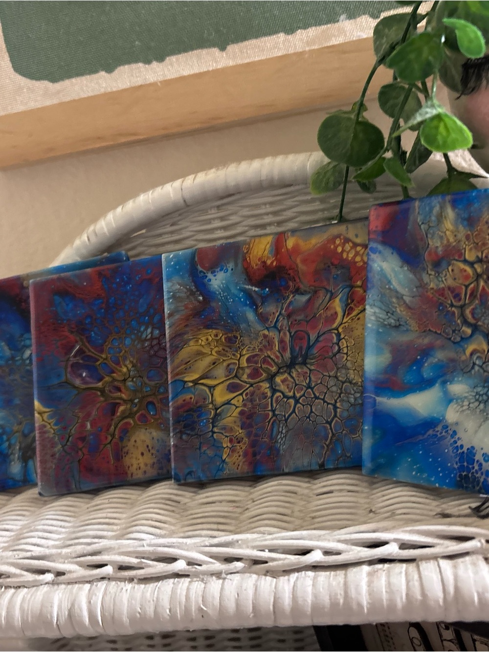 Abstract Fluid Art Coaster Set in Blue, Gold & Red set of 4